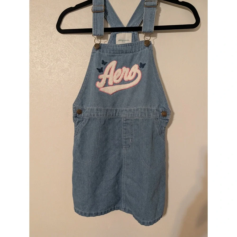 Aeropostale Kids Denim Overall Dress Light Wash Chenille Aero Patch Blue Size M